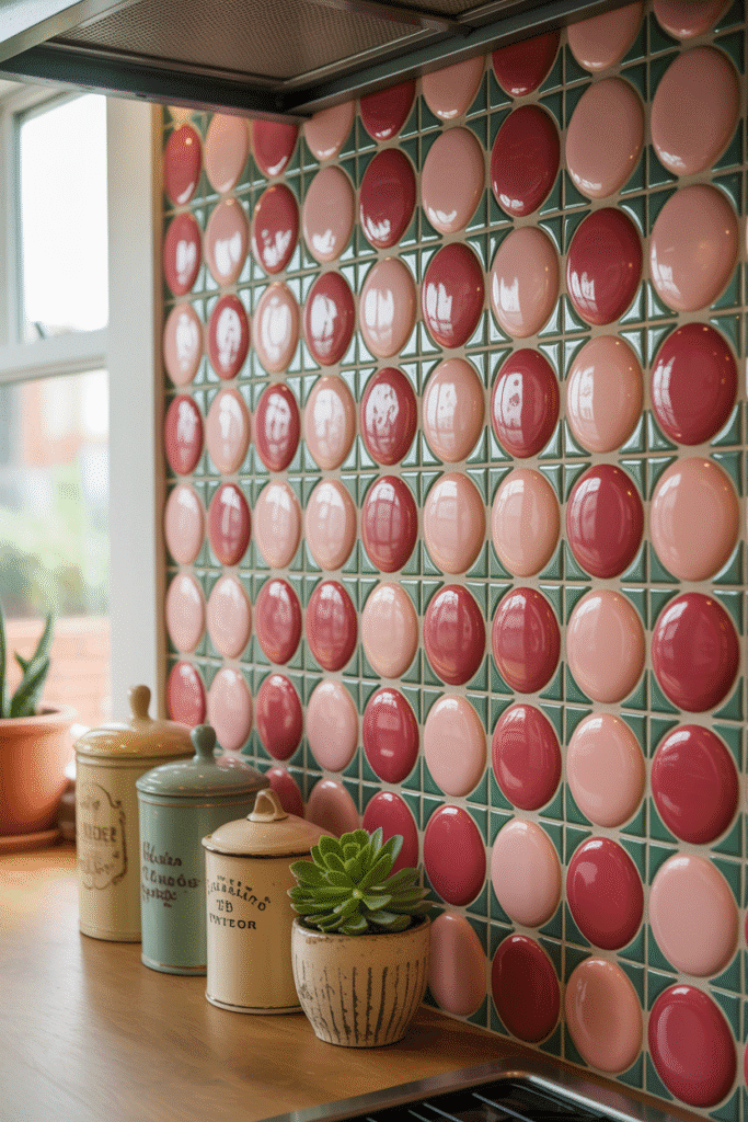 A vibrant kitchen backsplash with berry-colored tiles adds personality and visual texture.

