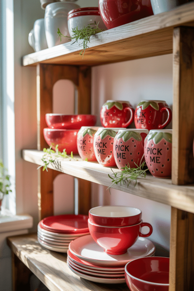  Strawberry-themed mugs and dishware create a cheerful display on open kitchen shelves.