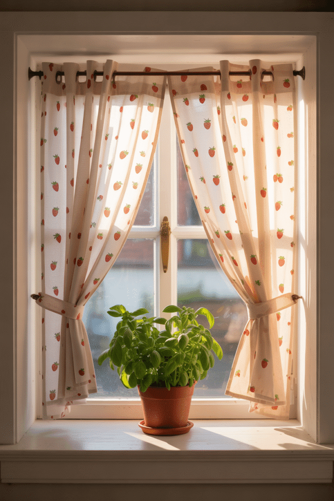 Strawberry-printed curtains bring cottage-core charm to a bright and breezy kitchen window.