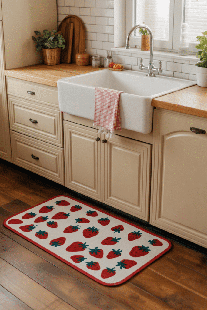 A strawberry-patterned kitchen rug adds softness and personality to a warm cooking space.