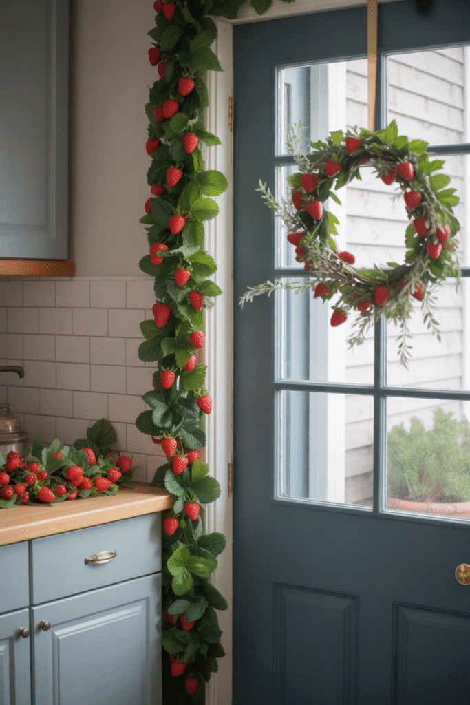 Faux strawberry garland and matching wreath bring seasonal freshness to kitchen decor.

