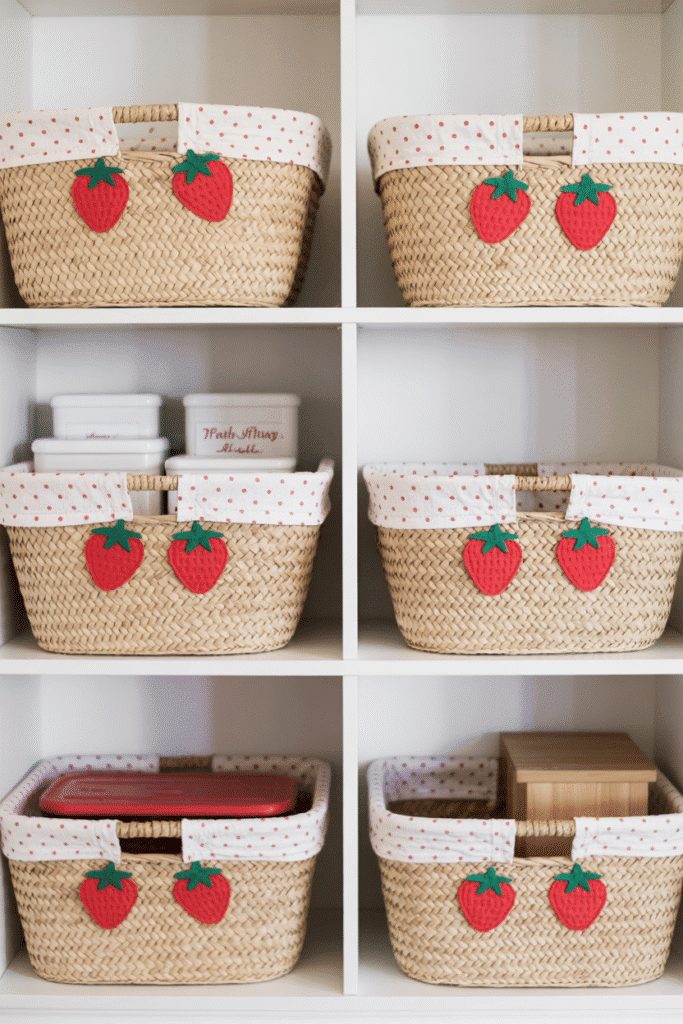Strawberry-decorated baskets provide charming and functional storage in a cottage-style kitchen.