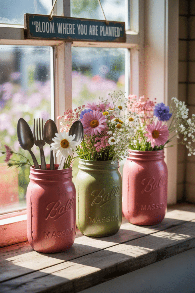 Mason jars painted in strawberry colors act as decorative holders in a crafty kitchen vignette.