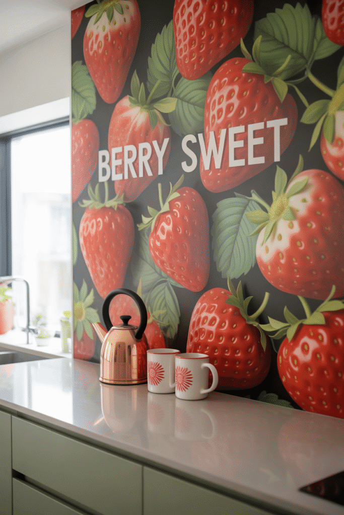  A strawberry-themed wallpapered wall adds bold, playful character to a cozy kitchen nook.

