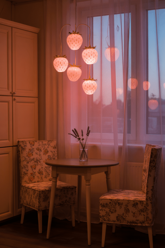 Strawberry-themed string lights brighten up a cozy kitchen space with playful charm.

