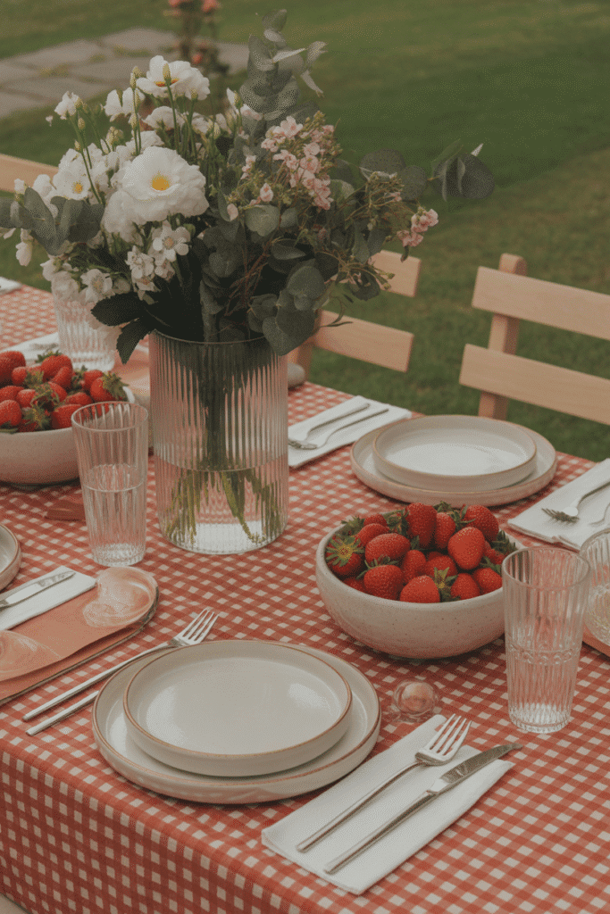 A cheerful dining table styled with a strawberry-print table runner and fresh strawberries in a bowl.

