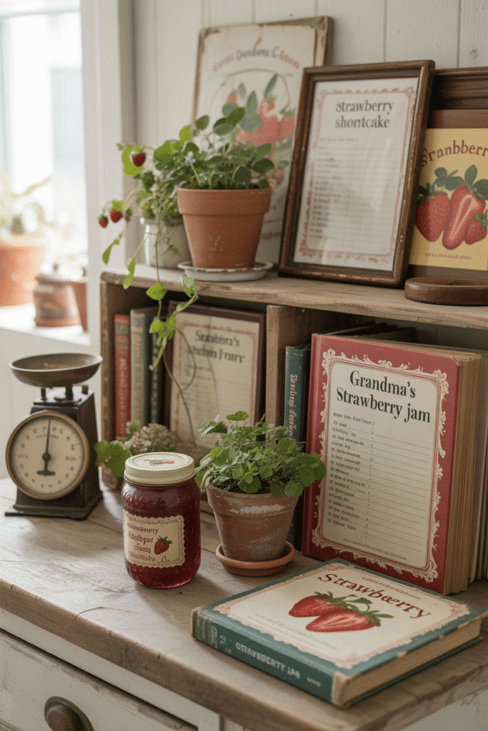 Framed vintage strawberry recipe cards and retro cookbooks displayed in a cozy kitchen corner.