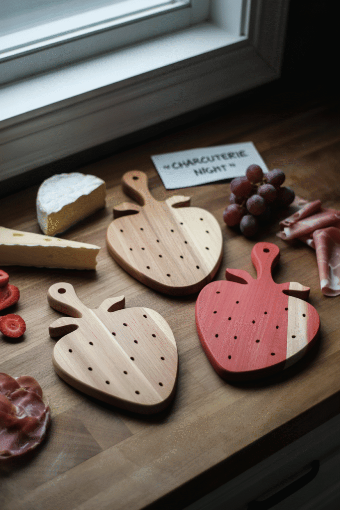 Strawberry-shaped cutting boards displayed in a stylish kitchen with fruit and charcuterie styling.