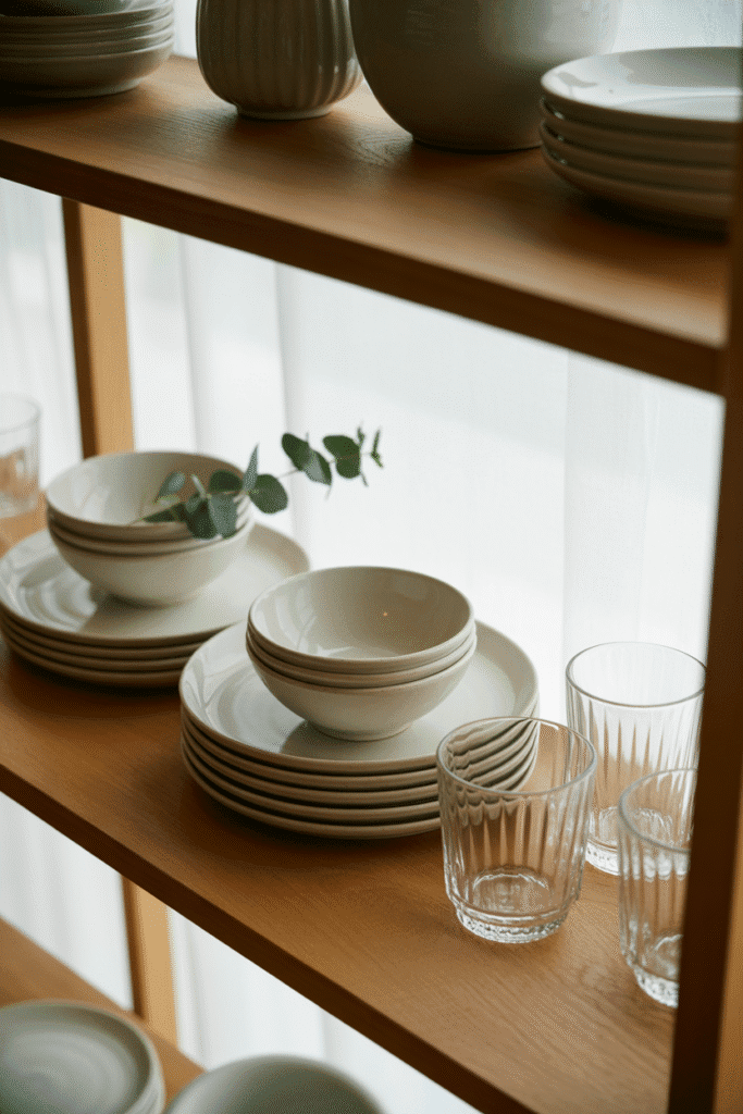 Open kitchen shelves with neatly stacked white plates and glassware in a bright, minimalist kitchen.