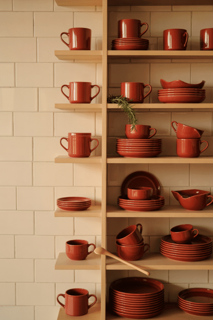 Colorful dishware on open kitchen shelves, adding vibrant accents to a neutral kitchen.