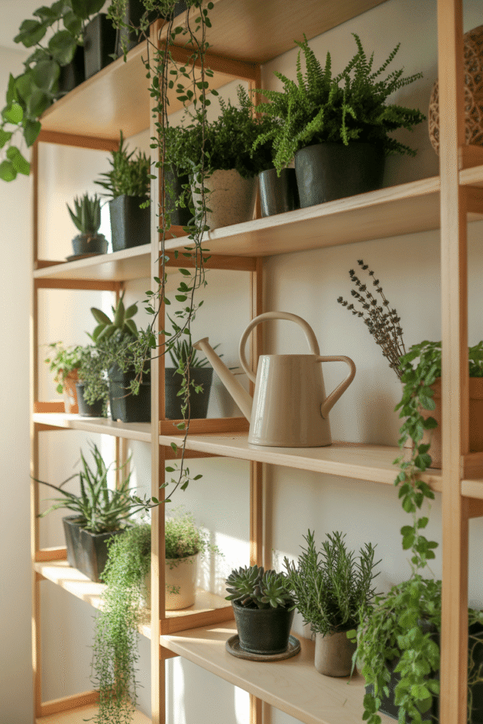Open shelves decorated with greenery and herbs in pots, adding freshness to a kitchen.
