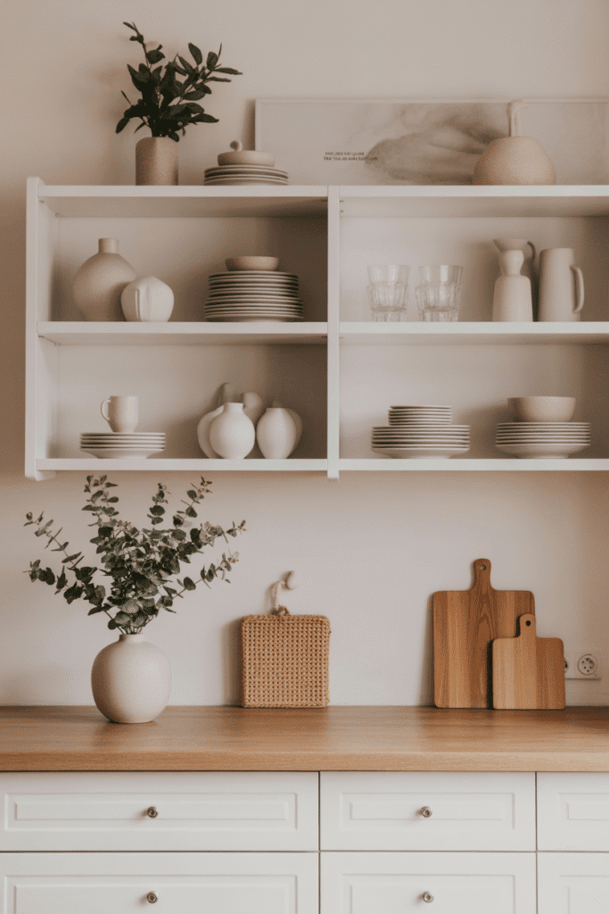 Minimalist kitchen shelves in neutral tones with clean, simple styling.