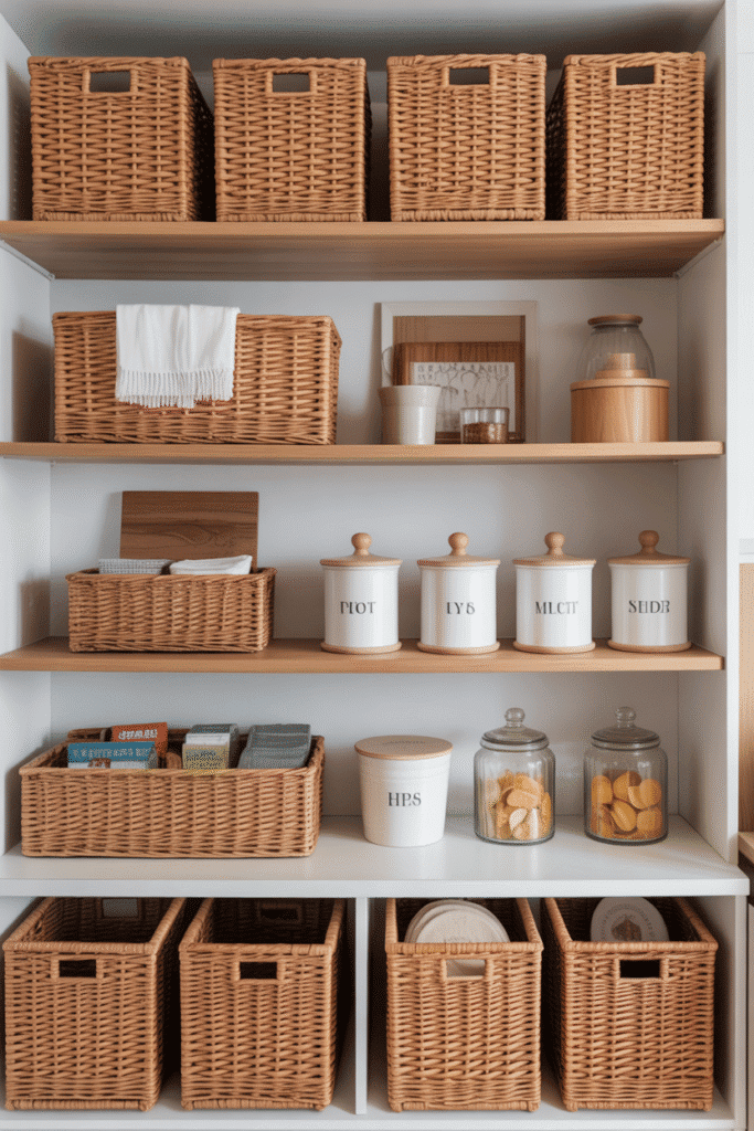 Open kitchen shelves with baskets and bins for organized, hidden storage.