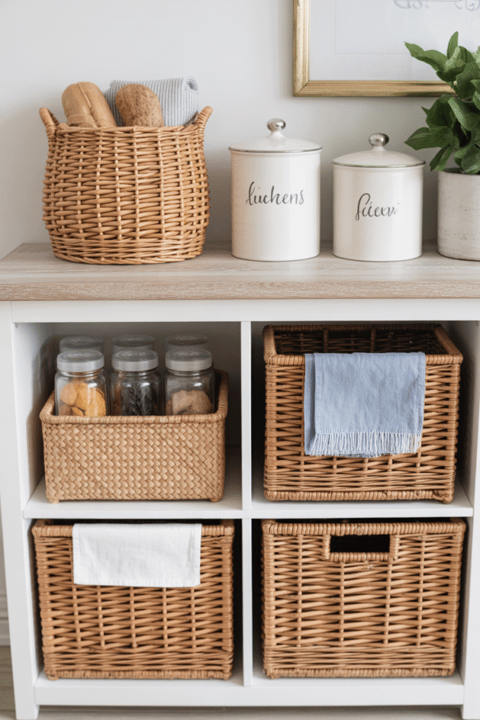 Stylish open shelving displaying pantry staples in clear glass jars.