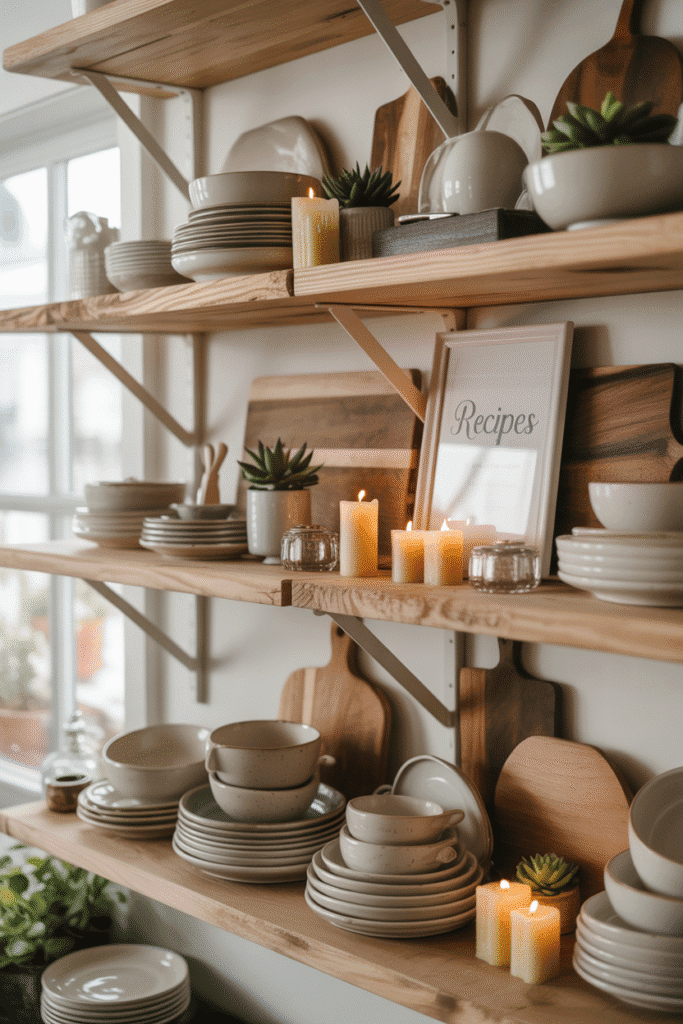 Layered open kitchen shelves with a mix of practical dishes and decorative accents.