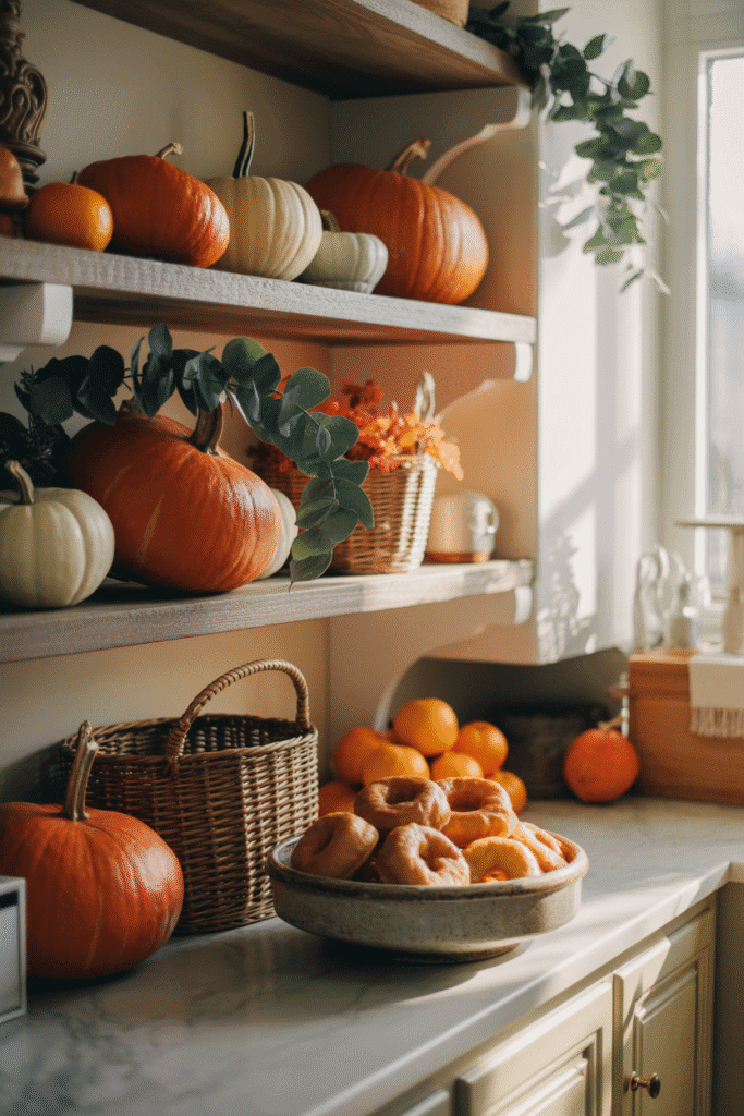 Kitchen shelves styled with seasonal decor, adding a festive touch.