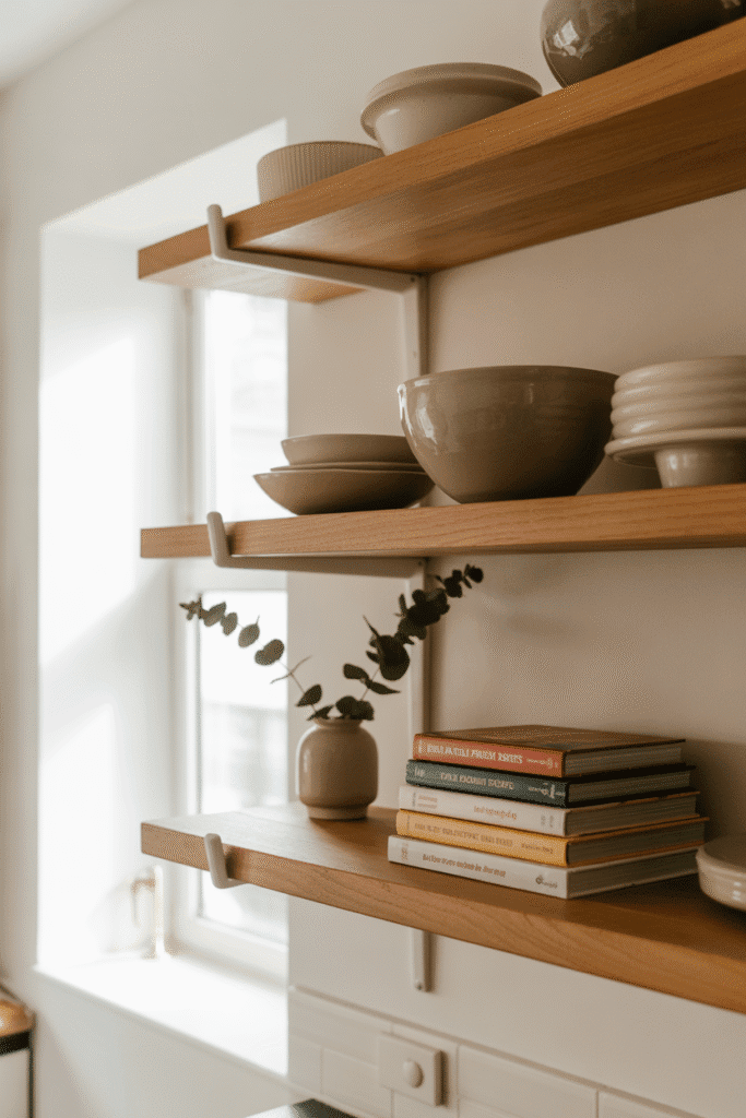 Floating wooden shelves add warmth and texture to a white kitchen.