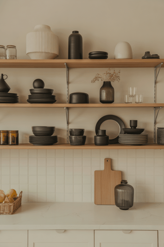 Open shelving with a mix of item heights and shapes for visual interest.