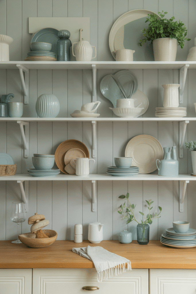 Coordinated kitchen shelves using a consistent color palette for a cohesive look.