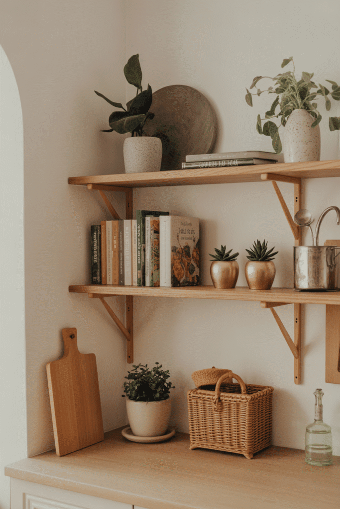 Kitchen shelves featuring cookbooks styled alongside decorative and functional items.