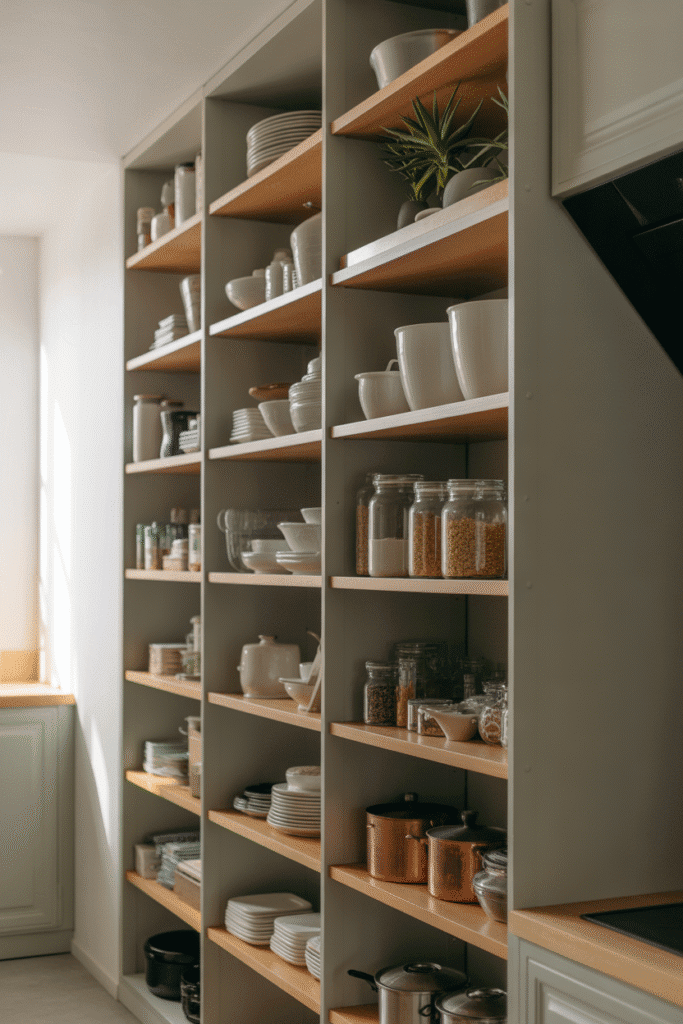 Vertical shelving in a kitchen, maximizing wall space with multi-level storage.