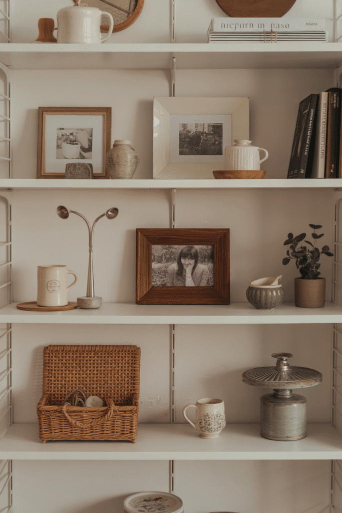 Kitchen shelf styled with both functional items and personal, sentimental pieces.