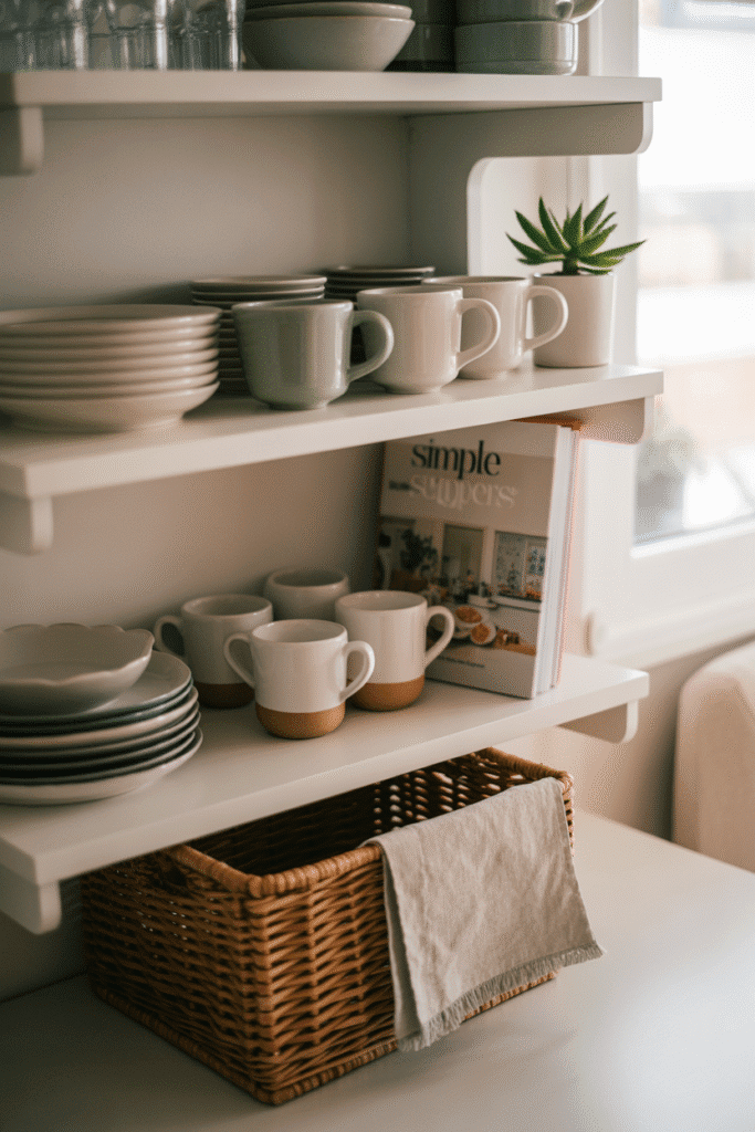 Functional and realistic open shelves with easy-to-access everyday kitchen items.