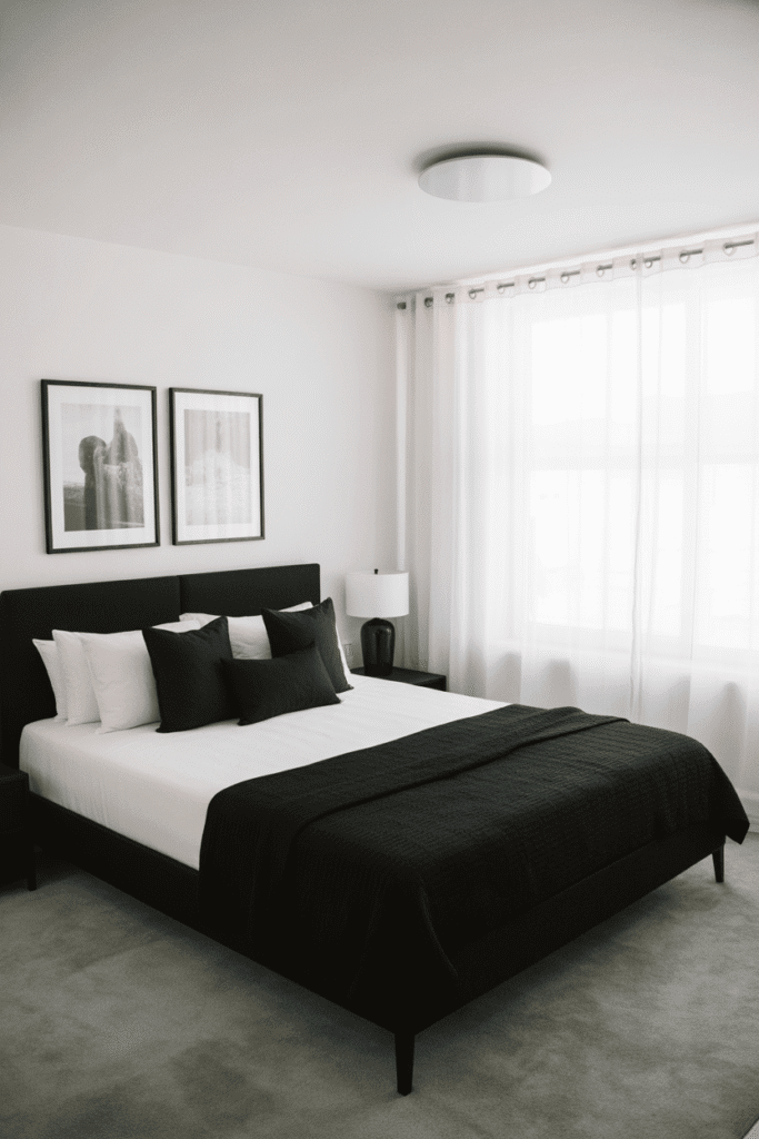 Black and white bedroom with crisp white walls and a minimalist bed setup.
Black and white bedroom with crisp white walls and a minimalist bed setup.