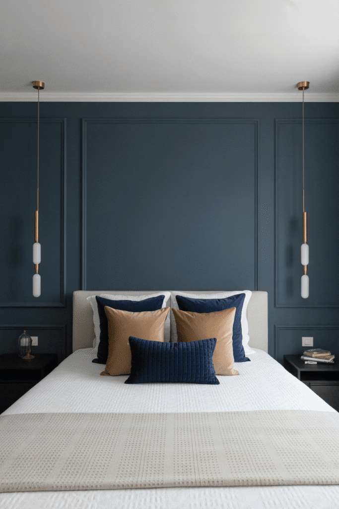 Bold navy blue accent wall in a modern bedroom with white bedding and gold accents.

