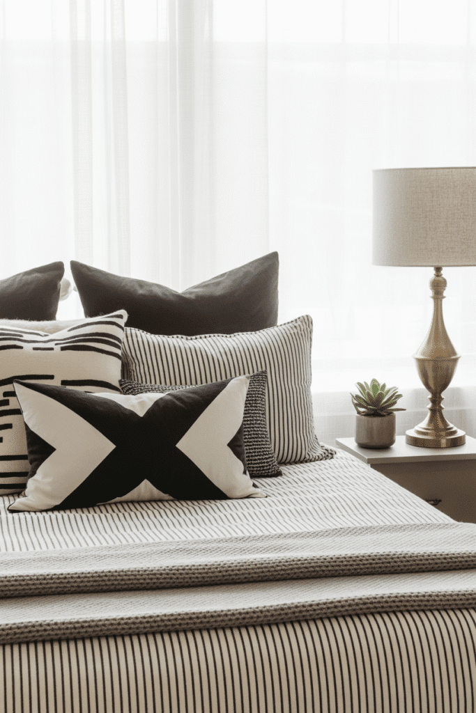 Black and white bedding with bold patterns adds visual interest to a modern bedroom.