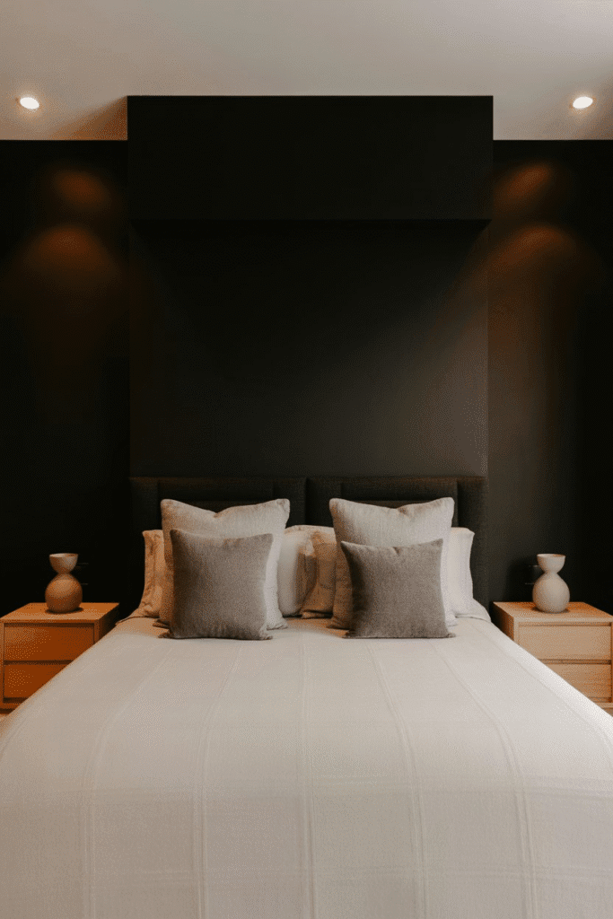 Bedroom featuring a black accent wall with white bedding and contrasting decor.