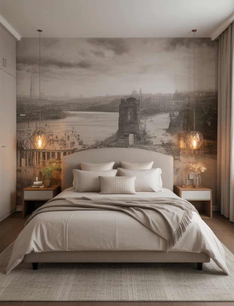 Featured image for master bedroom accent wall with monochrome wallpaper.