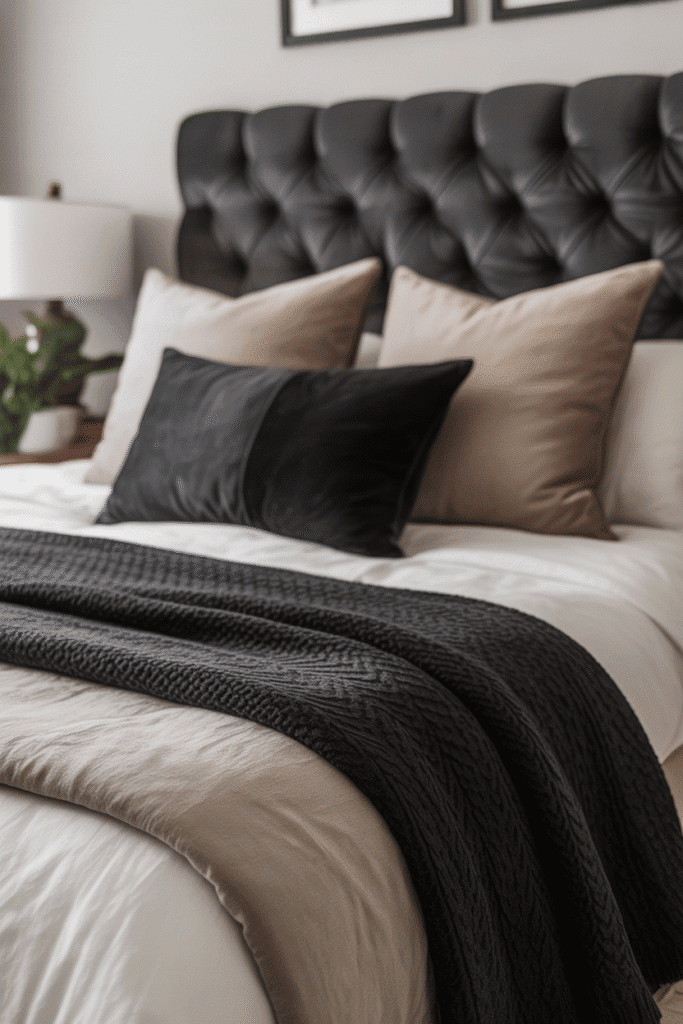 Layered textures in a black and white bedroom, creating a cozy and dimensional space.