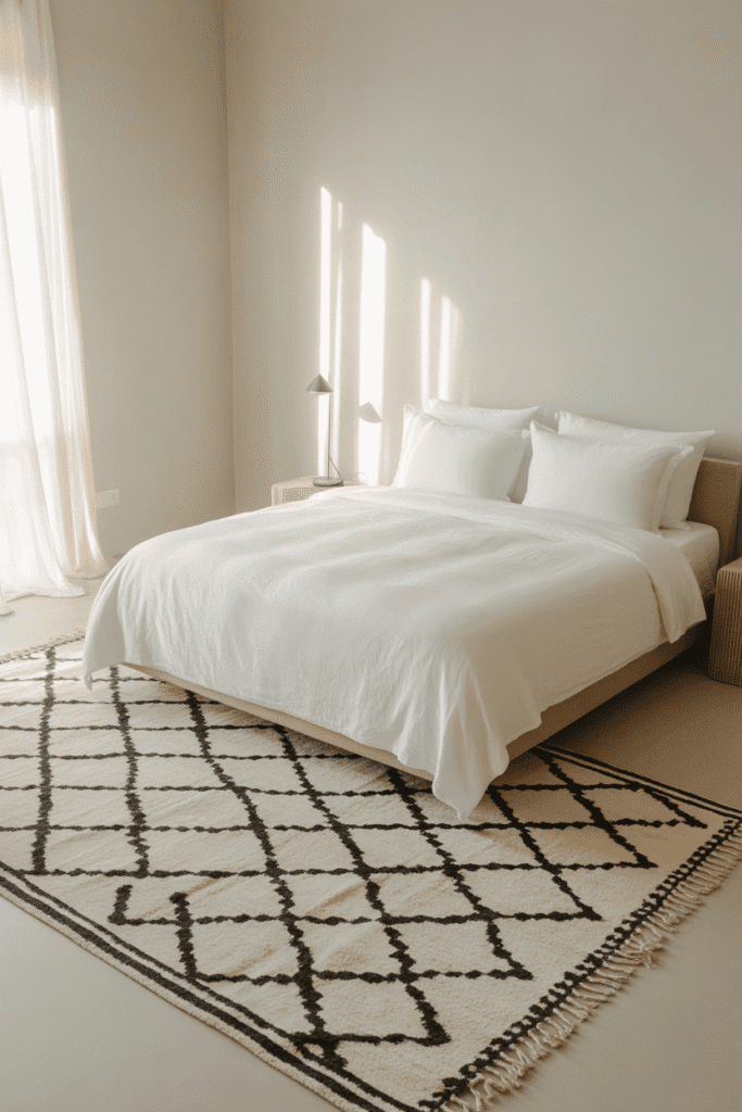 A black and white statement rug anchors the bedroom design with bold pattern.