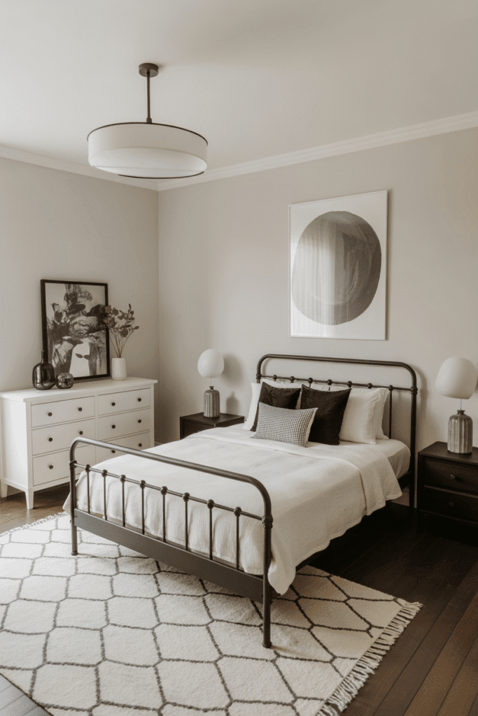 Black and white bedroom furniture creates stylish contrast in a modern space.