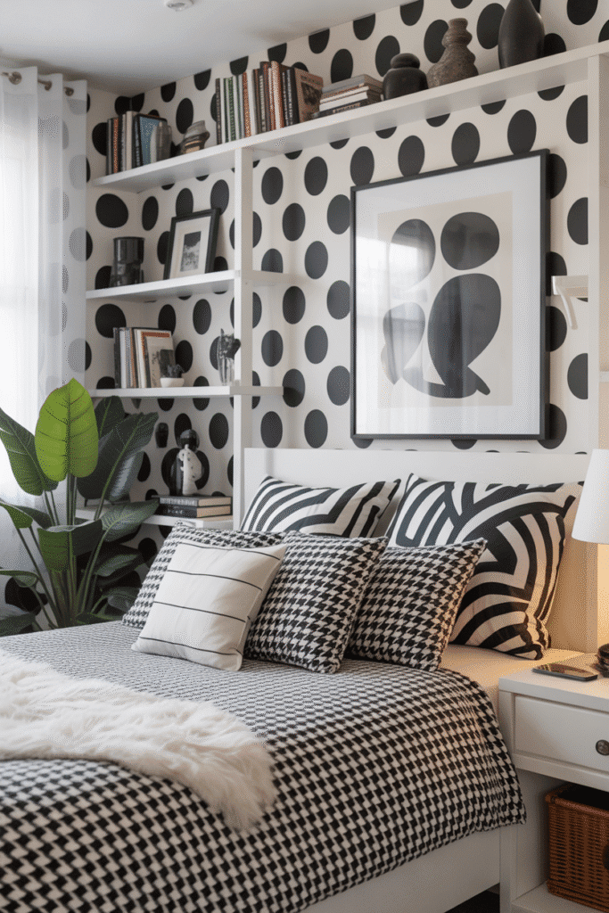 Black and white patterns bring personality and variety to a monochrome bedroom.