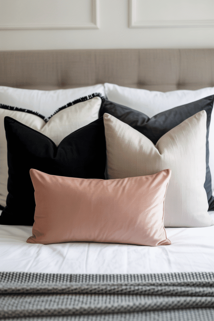 Black and white pillows layered on a bed with a pop of color for visual interest.