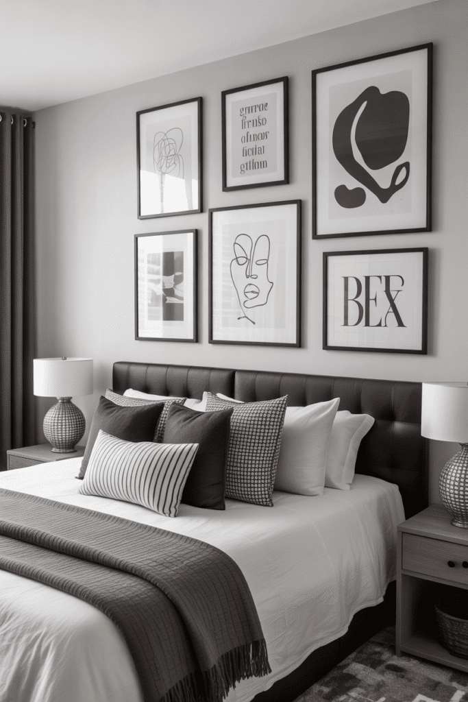 Monochrome wall art above the bed adds character to a black and white bedroom.