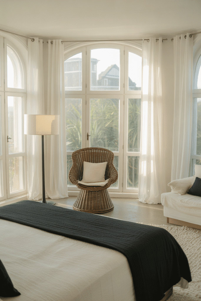 Natural light brightens a black and white bedroom, making it feel open and fresh.