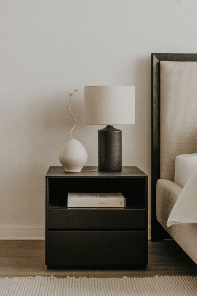 Simple, minimal nightstands complement the clean lines of a black and white bedroom.