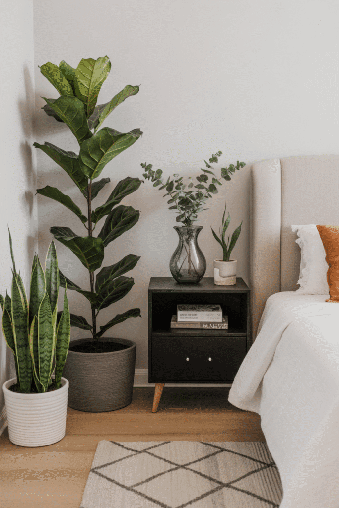 Green plants soften the contrast of a black and white bedroom with natural color.