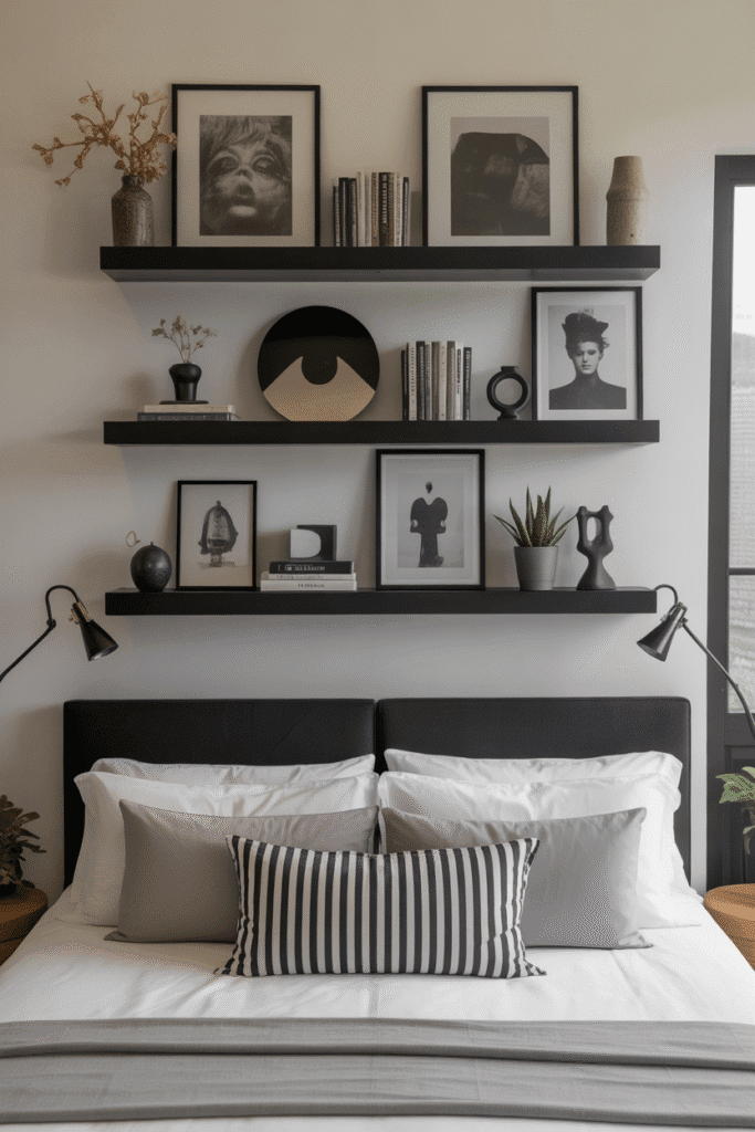 Floating shelves styled with monochrome decor add vertical interest to a bedroom.