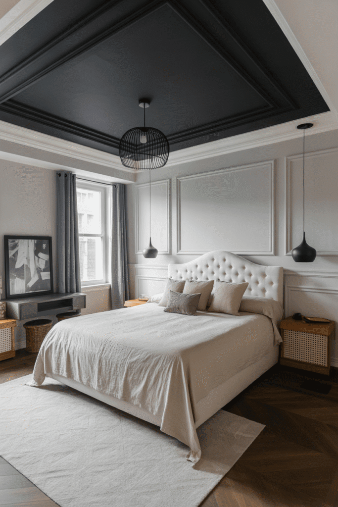 A black painted ceiling adds drama and contrast to a monochrome bedroom design.