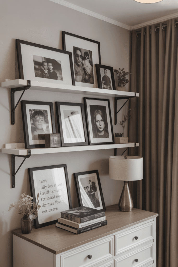 Personal touches like framed photos and quotes add character to a black and white bedroom.