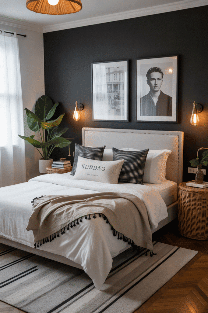 A cozy, lived-in black and white bedroom with balanced decor and practical comfort.