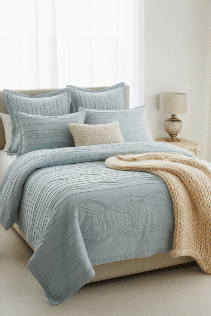 Soft light blue bedding styled with white and neutral tones in a cozy bedroom.


