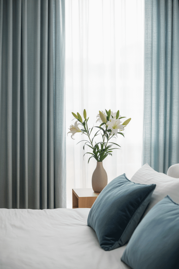 Neutral bedroom with blue decorative accents adding color and personality.

