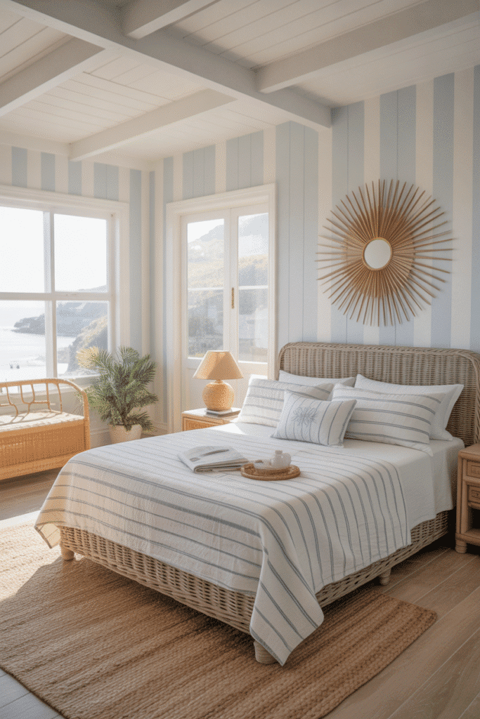 Coastal blue and white bedroom with beach-inspired decor and natural textures.

