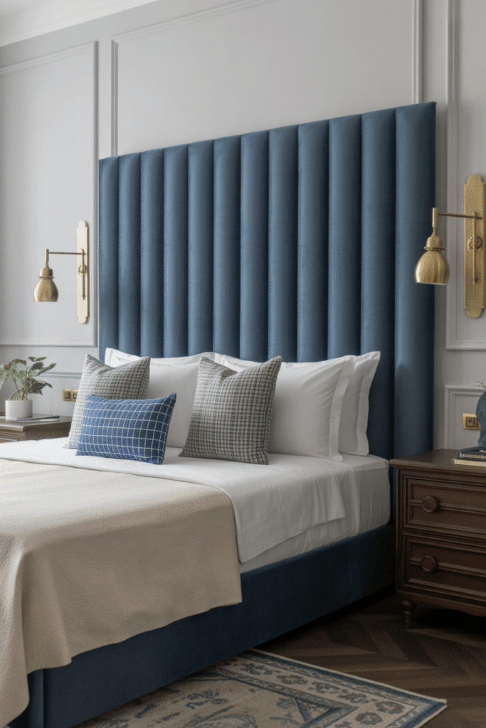 Statement blue upholstered headboard creates a bold focal point in a chic bedroom.

