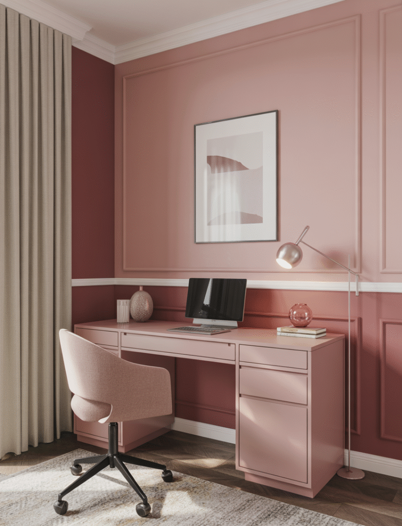 Office with lower walls in mauve pink, upper walls in blush pink, and white trim adding depth and a layered aesthetic.